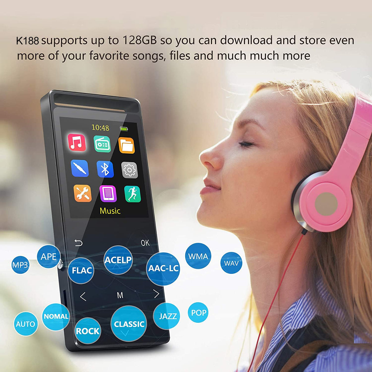 MUSRUN with included earbuds and accessories for instant use