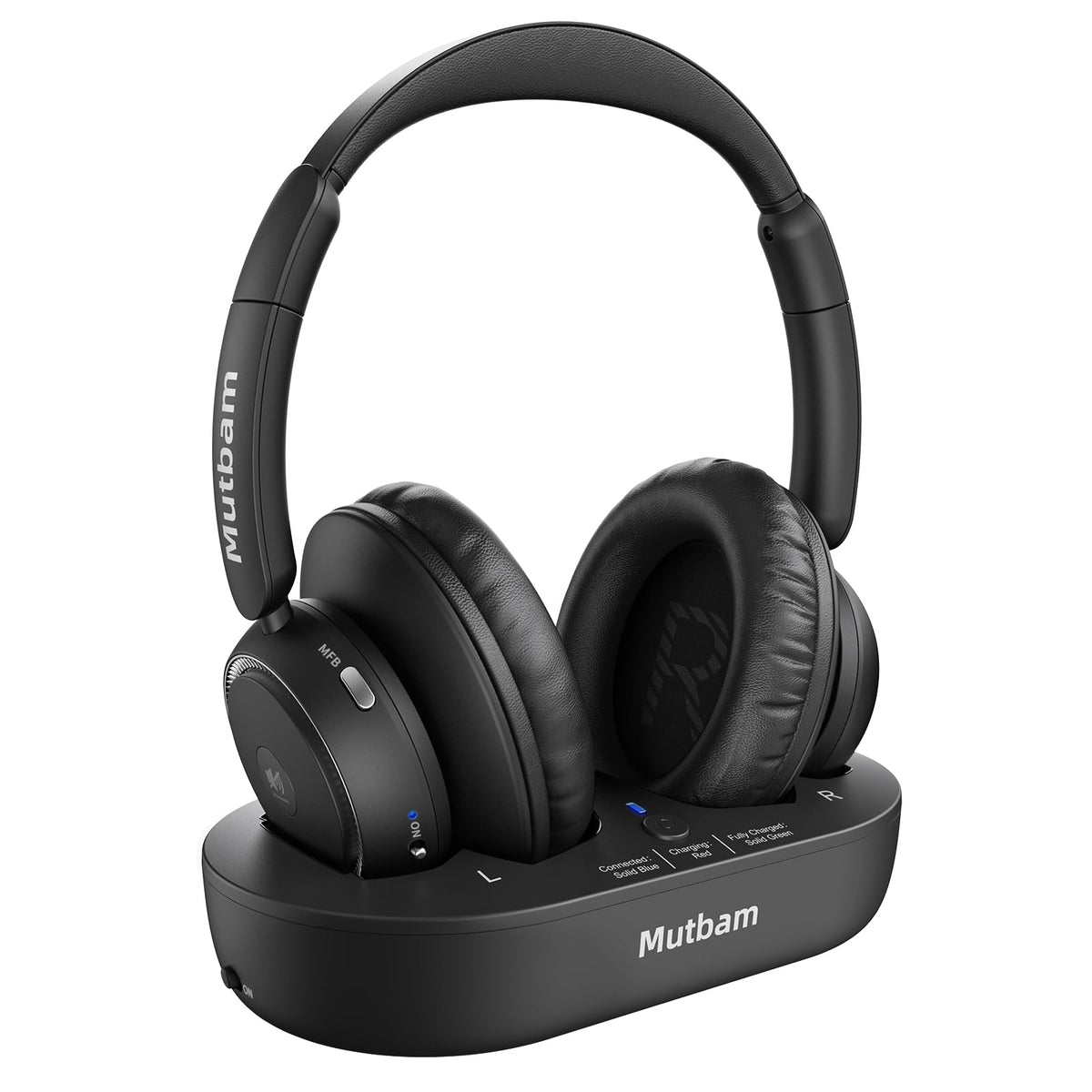 Mutbam headphones on dock offering easy charging for TV viewing
