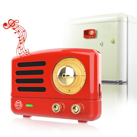 Muzen OTR magnetic sticker on fridge showing retro design and compact sound.