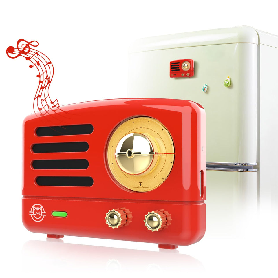 Muzen OTR magnetic sticker on fridge showing retro design and compact sound.