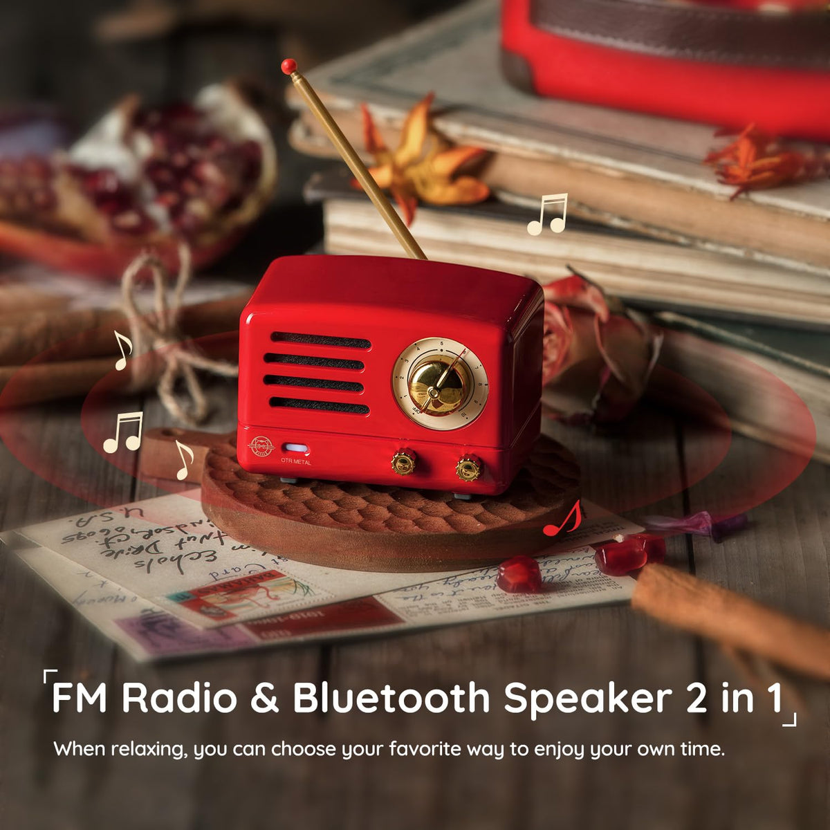 Muzen OTR red-color retro speaker adds vibrant décor and sound.