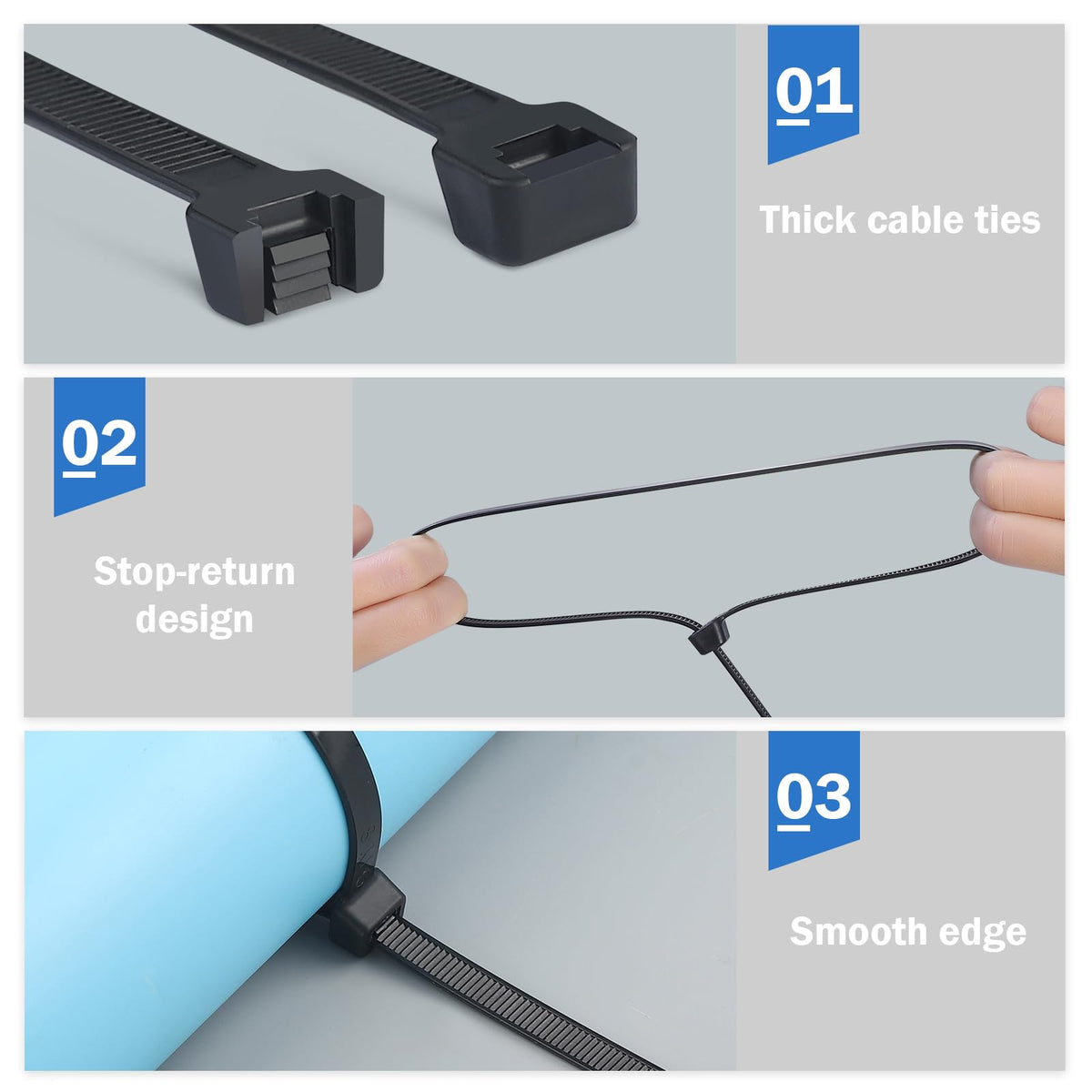 Mvyc ties used to organize thick cables in a rack, improving workspace safety