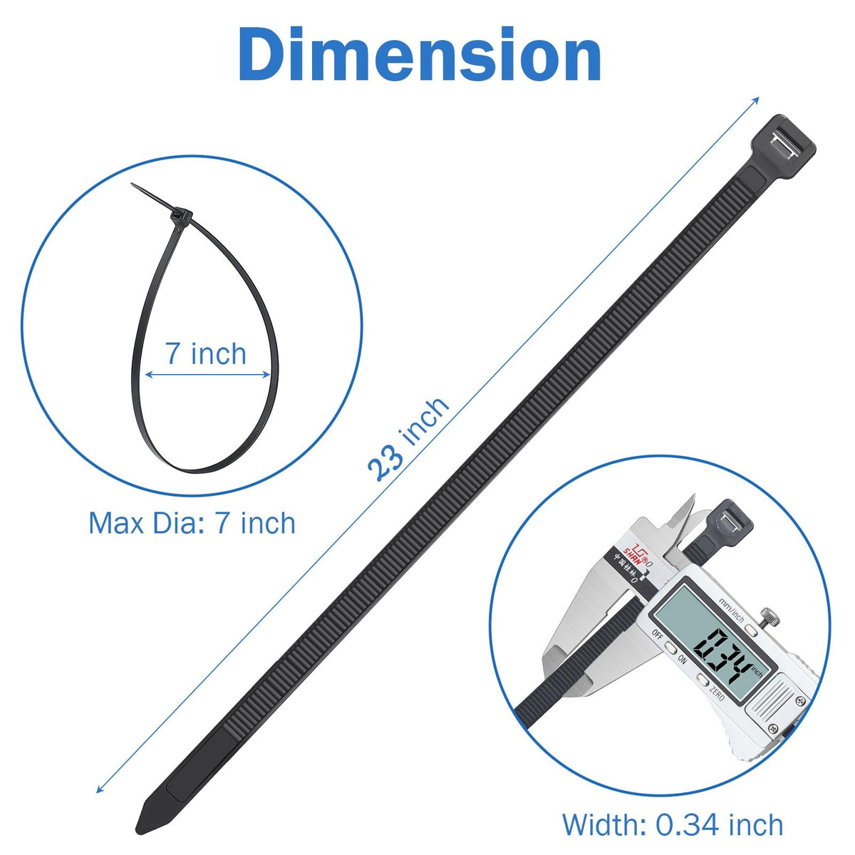 Mvyc zip tie next to ruler showing full 23-inch length, ideal for large bundles