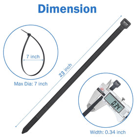 Mvyc zip tie next to ruler showing full 23-inch length, ideal for large bundles