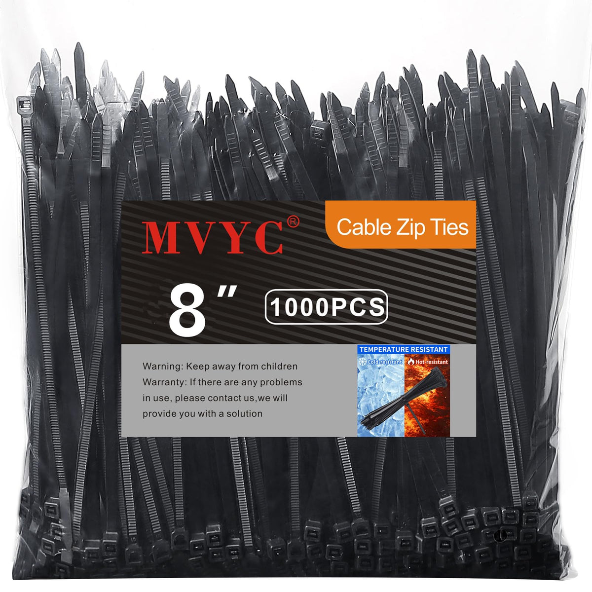 Mvyc Zip Ties show heavy-duty 50lb tensile strength for durable organization.