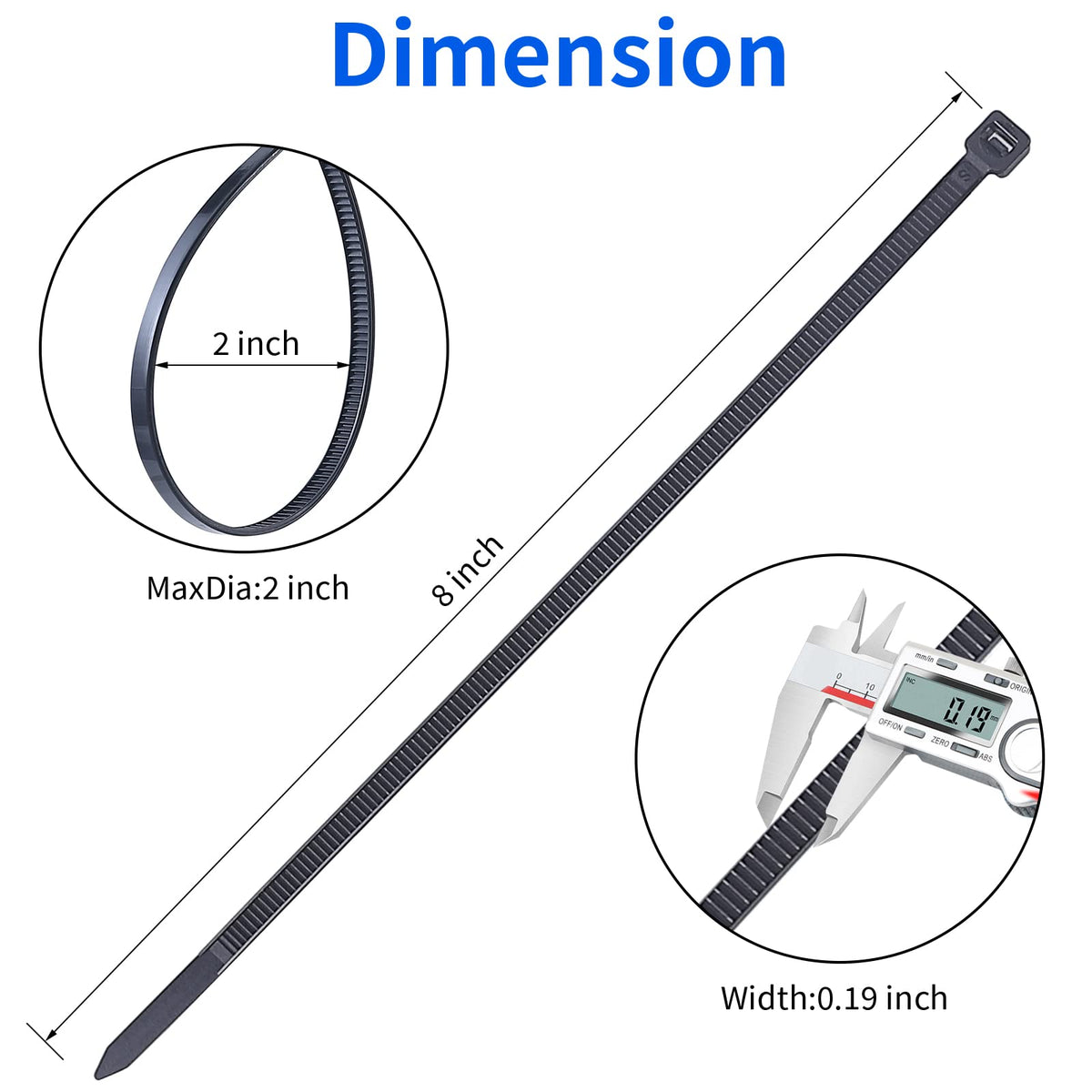 Mvyc Zip Ties highlight UV-resistant black plastic for outdoor use.