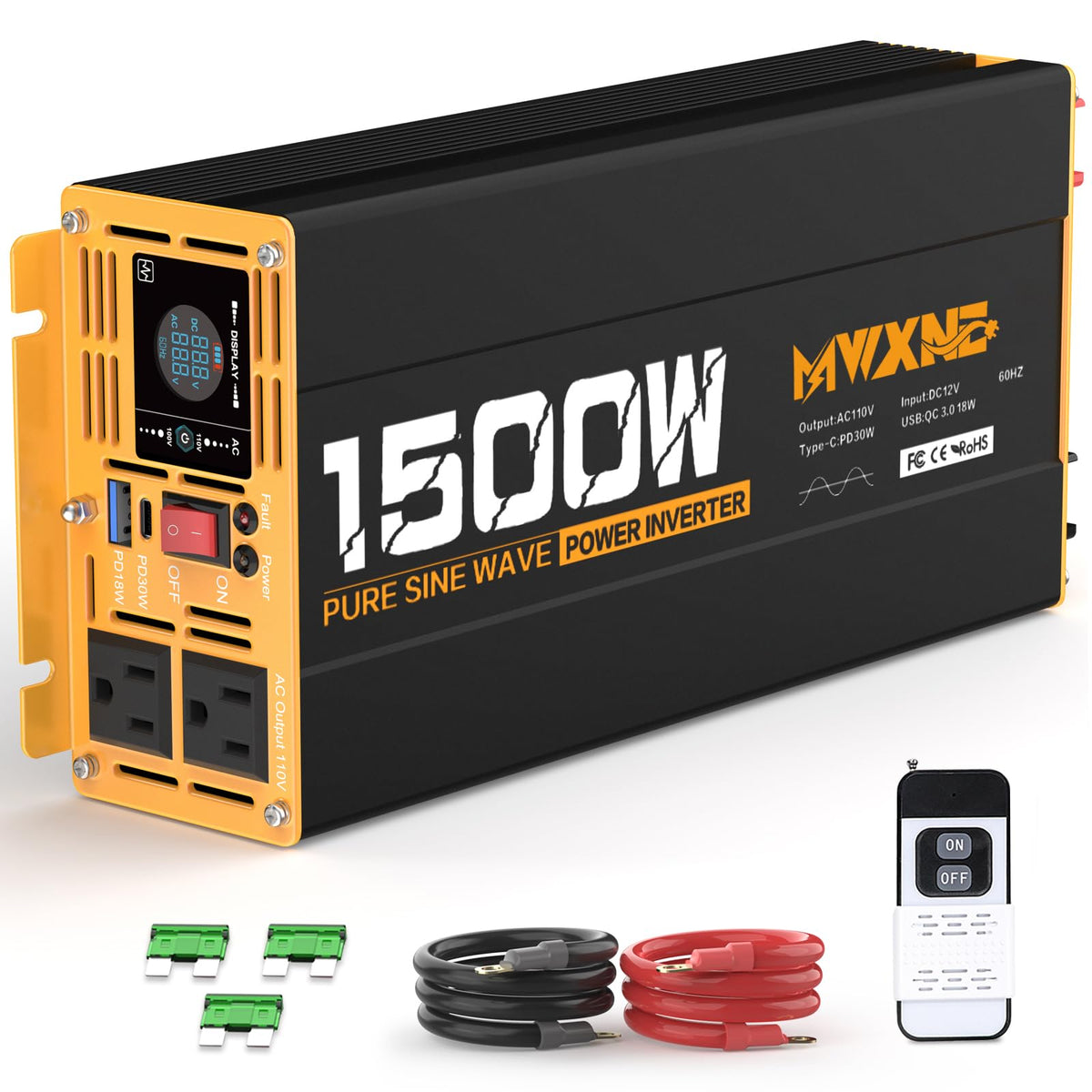 MWXNE 1500W pure sine inverter front view powering devices on the move