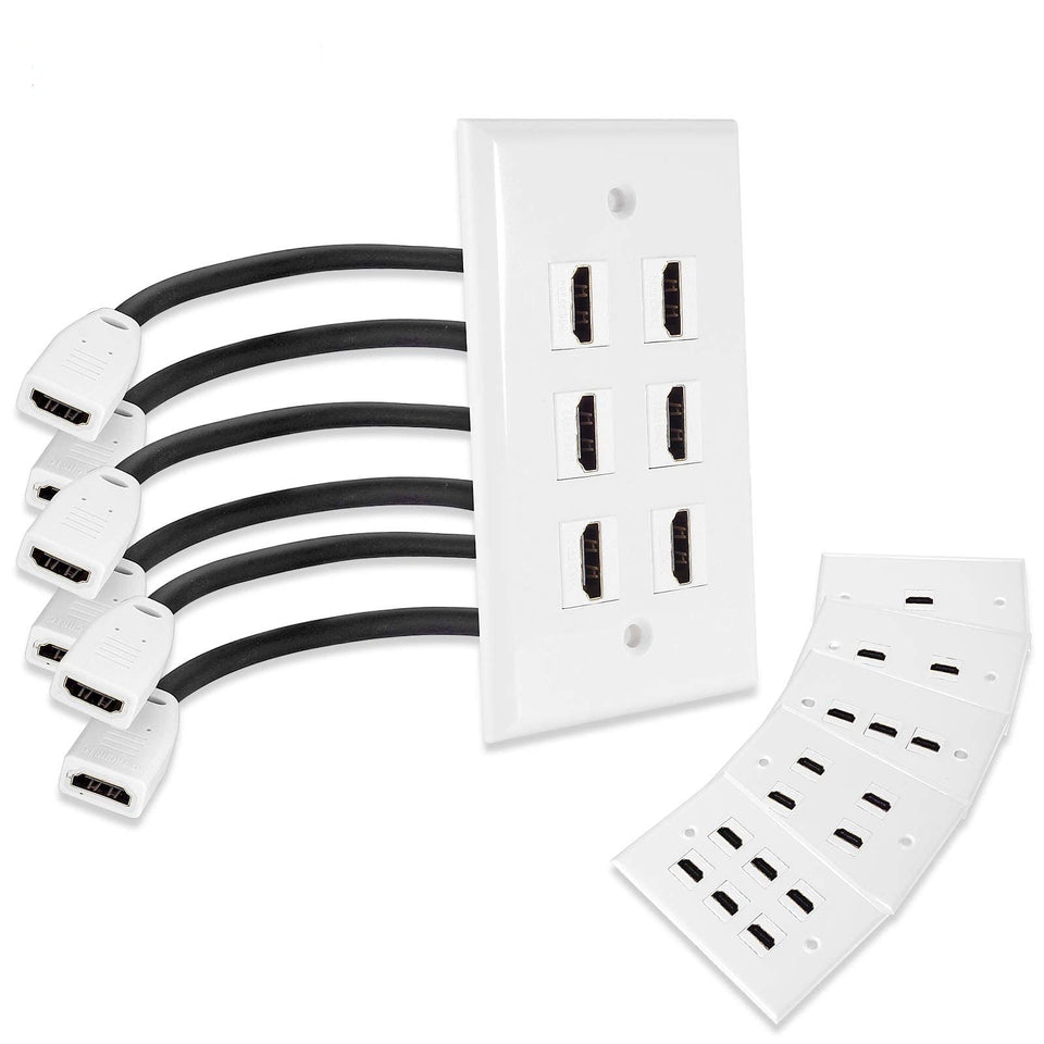 MXTECHNIC 6-port HDMI wall plate with 6-inch pigtails keeps setups tidy.