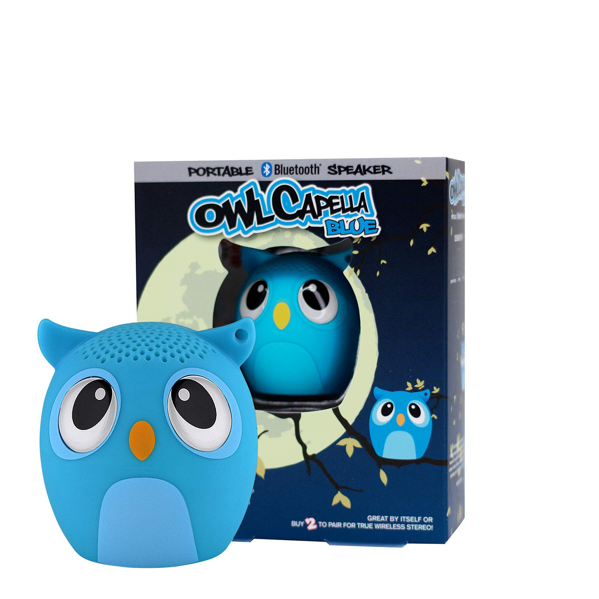 My Audio Pet OWLcapella Blue front view showing expressive design and portable sound