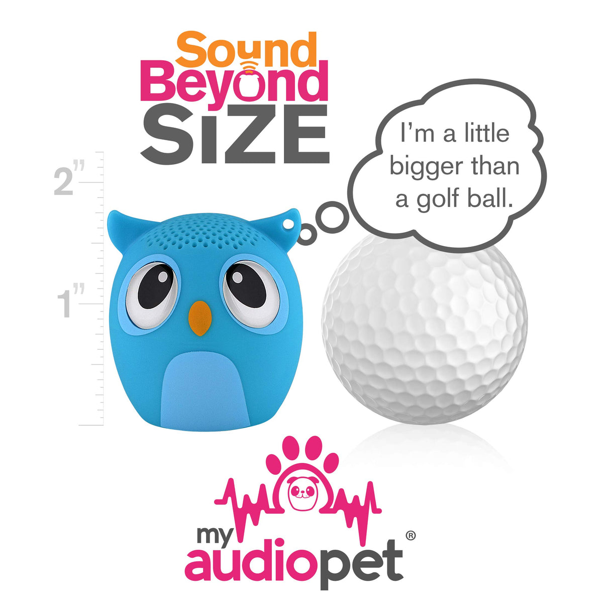 My Audio Pet OWLcapella Blue held in hand demonstrating compact size and portability