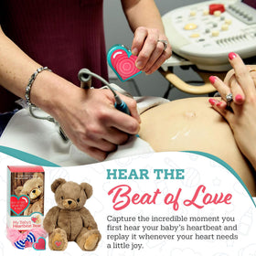 My Baby's Heartbeat Bear recorder module close-up showing record/play control ease