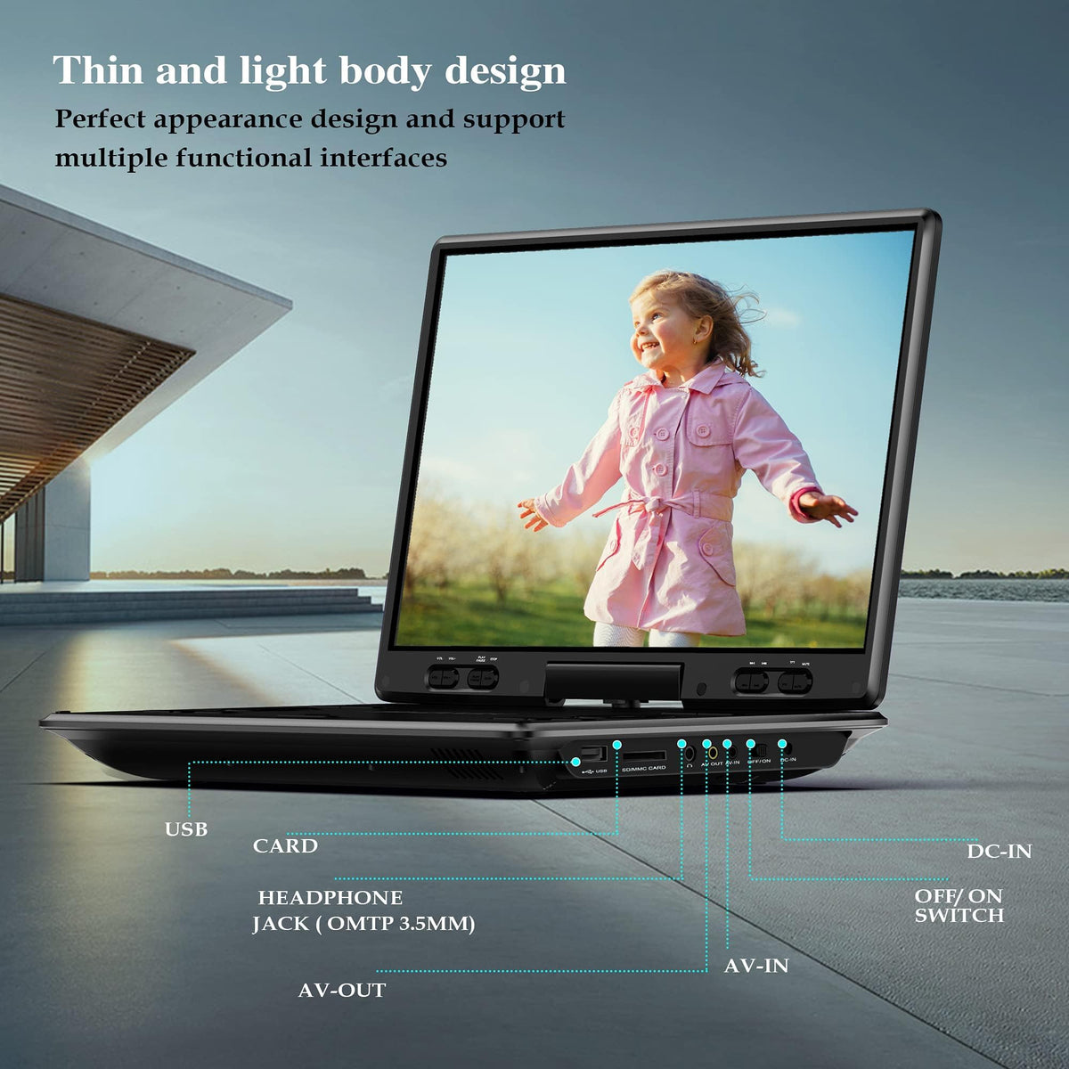 MYDASH region-free player works with DVD, CD, VCD, USB, and SD media