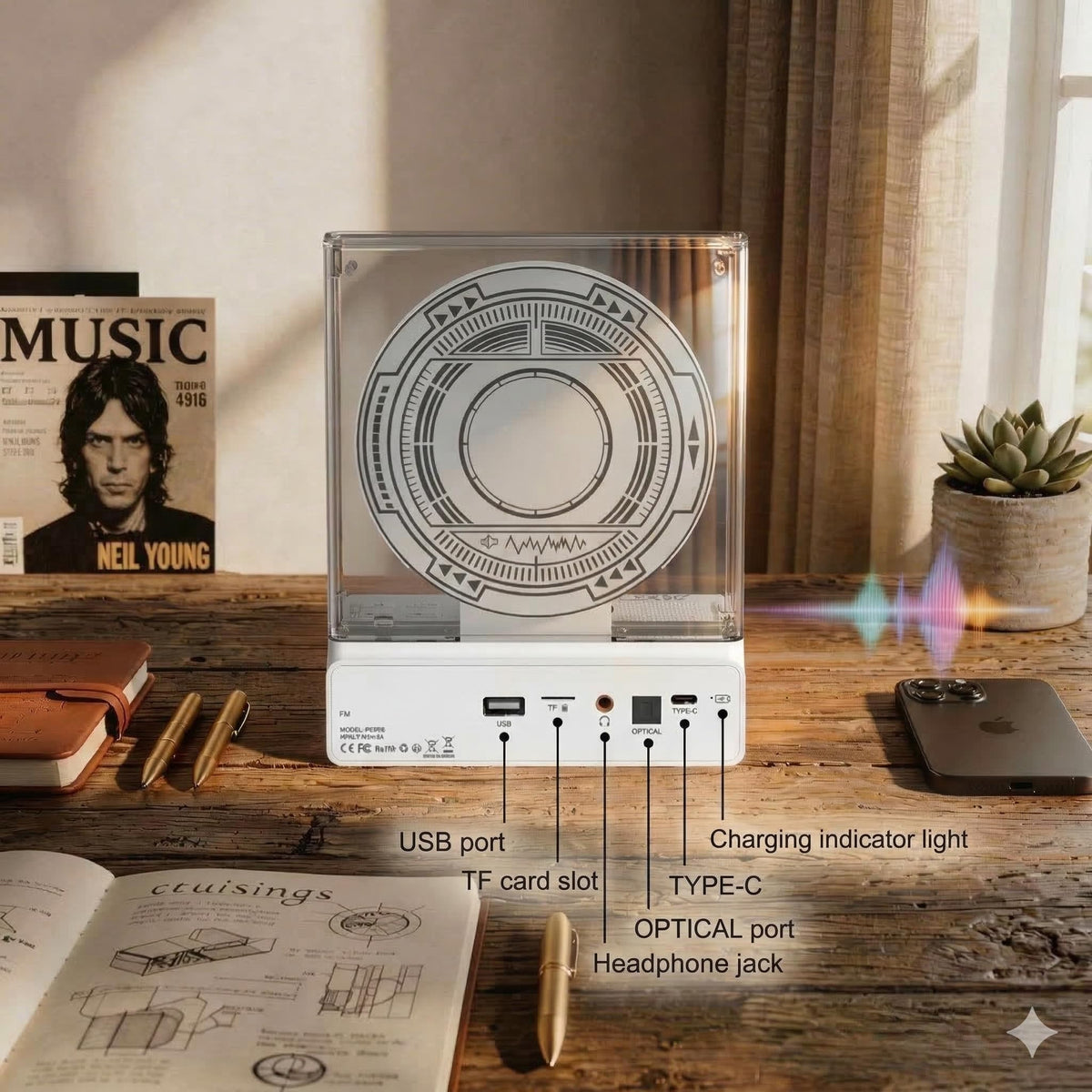 MYDASH transparent CD loader detail showcasing album art and visual appeal