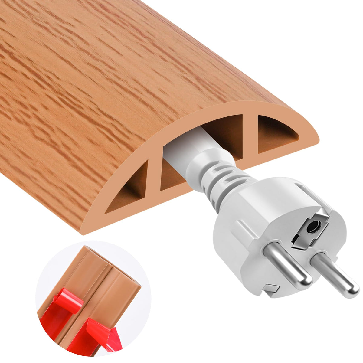 MYFAMIREA floor cord cover on brown wood texture for cable protection and clean look.
