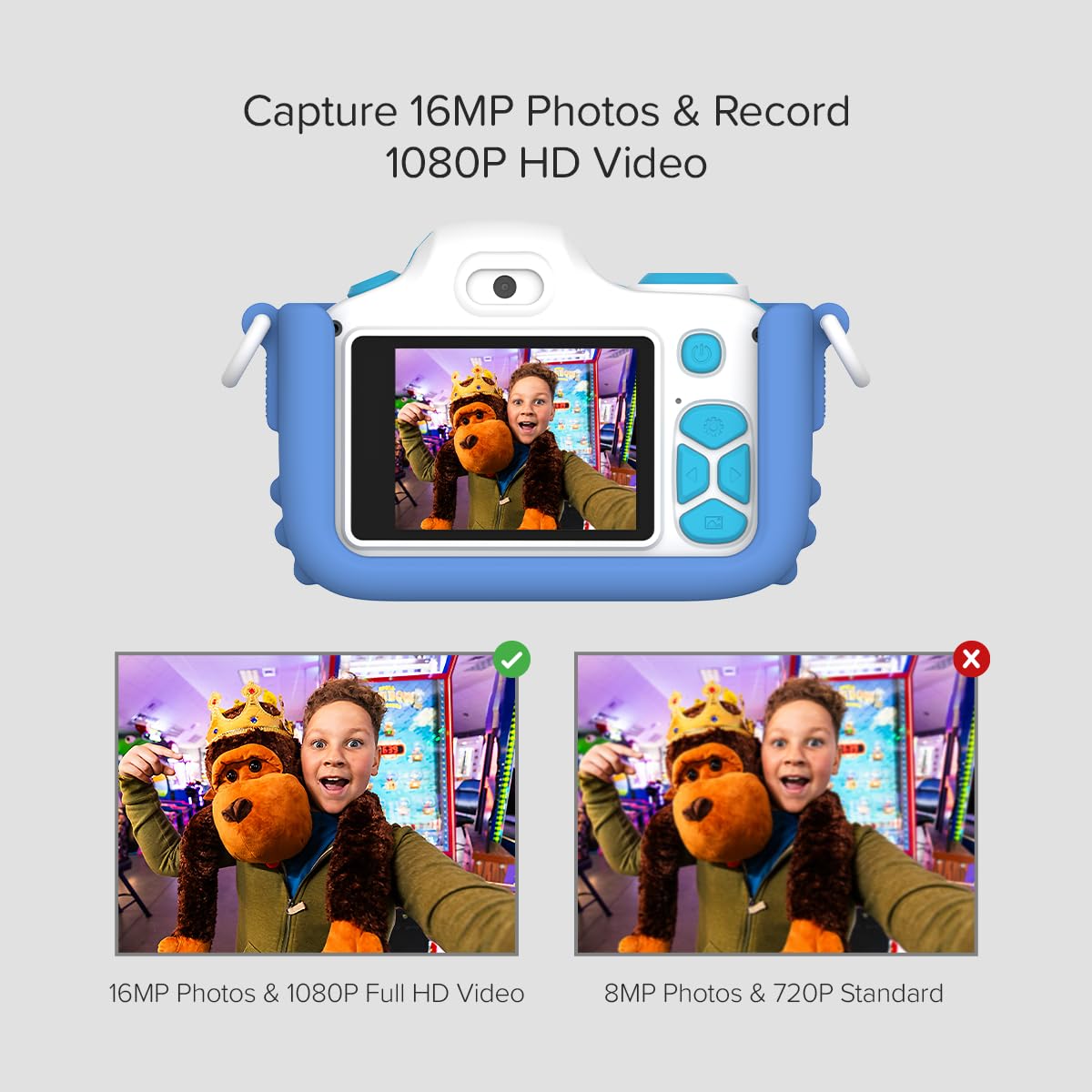 myFirst Camera 3 back screen display showing photo preview, simple review benefit
