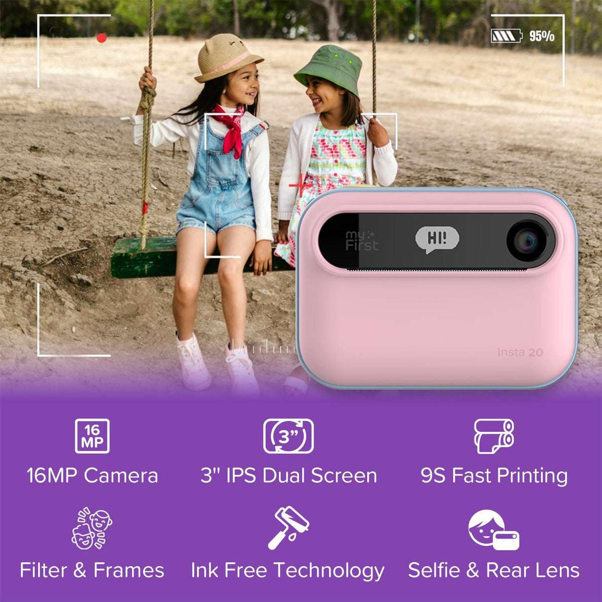 myFirst Insta 20 dual screens displaying selfie preview and fun emojis