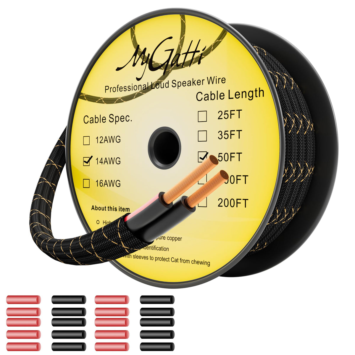 Mygatti 14/2 speaker wire 50ft showing robust OFC copper for clear audio