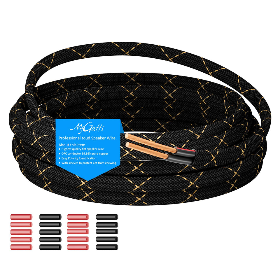 Mygatti 16/2 speaker wire with nylon braided jacket for discreet home theater wiring.