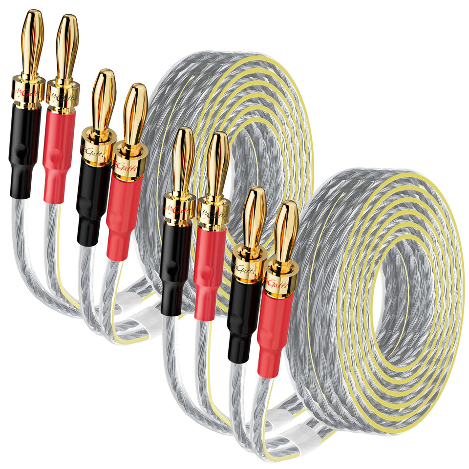 Mygatti flat-cable with banana plugs enables tidy 4 ft runs along walls