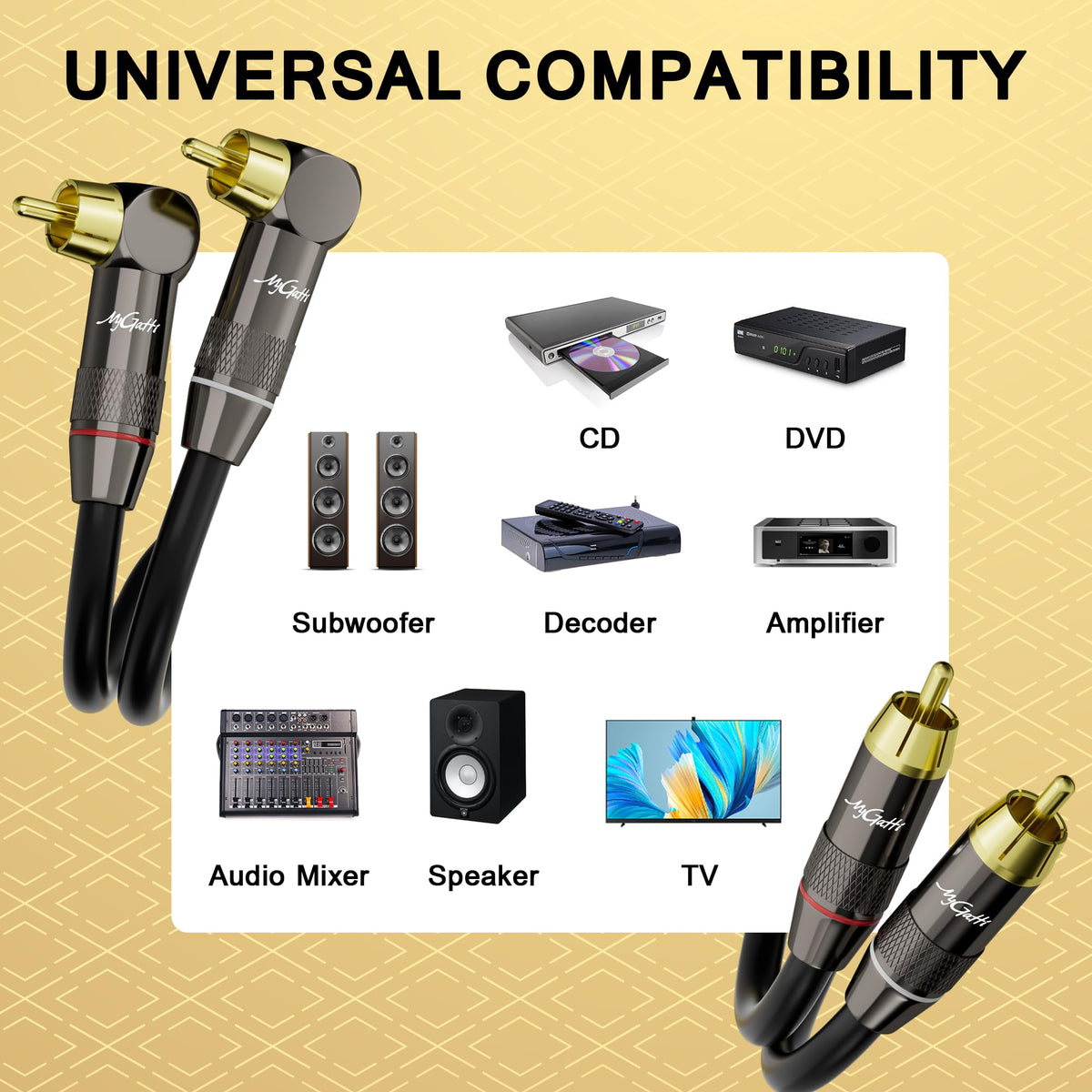 Mygatti 50ft RCA cable with a rugged PVC jacket for long life.