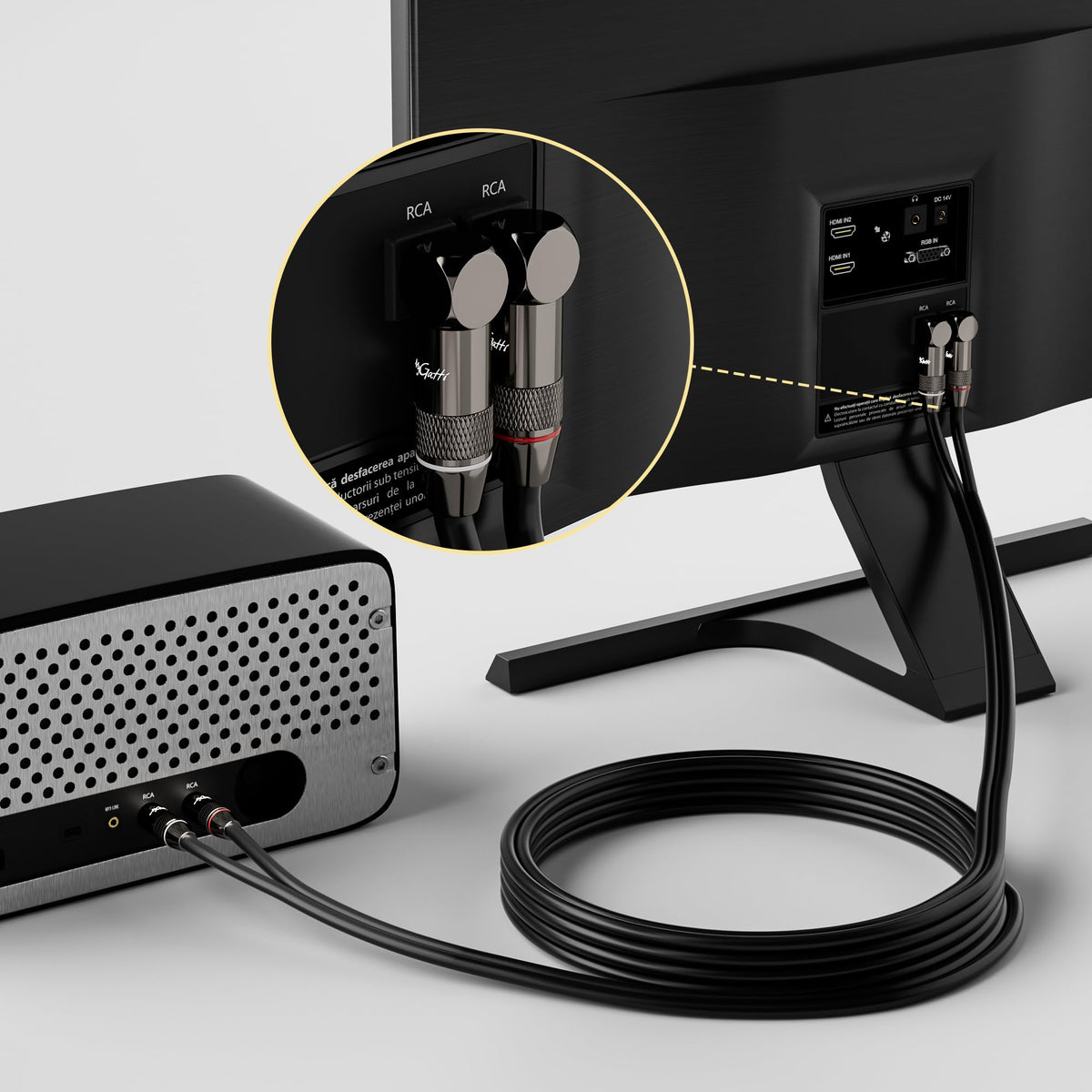 Mygatti 2RCA to 2RCA cable uses OFC conductor for signal clarity.