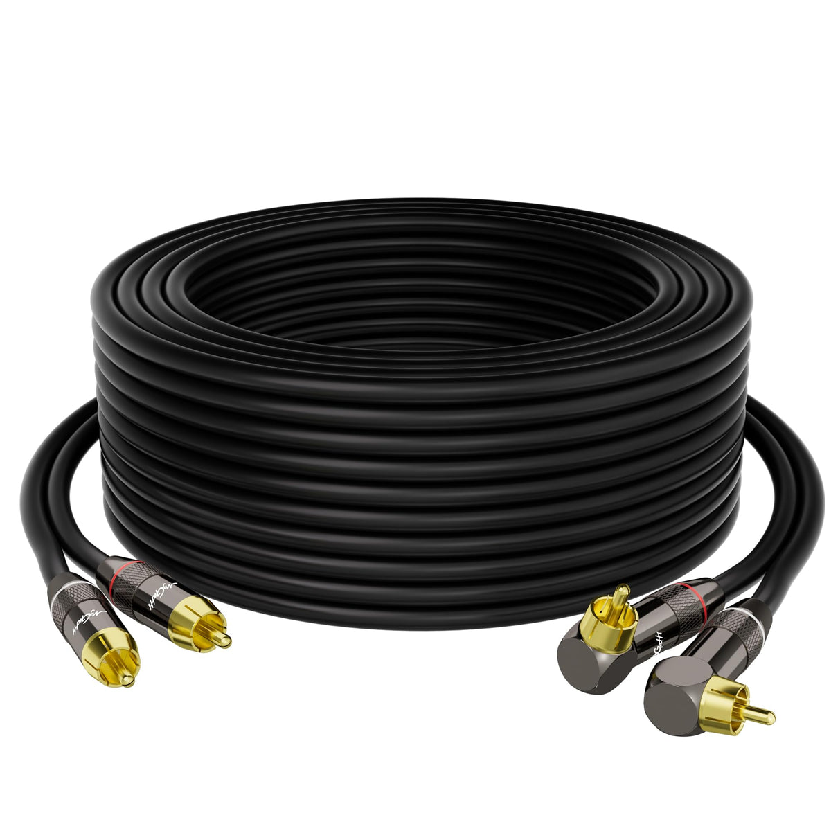 Mygatti 50ft RCA cable with a right-angle connector for tight spaces.