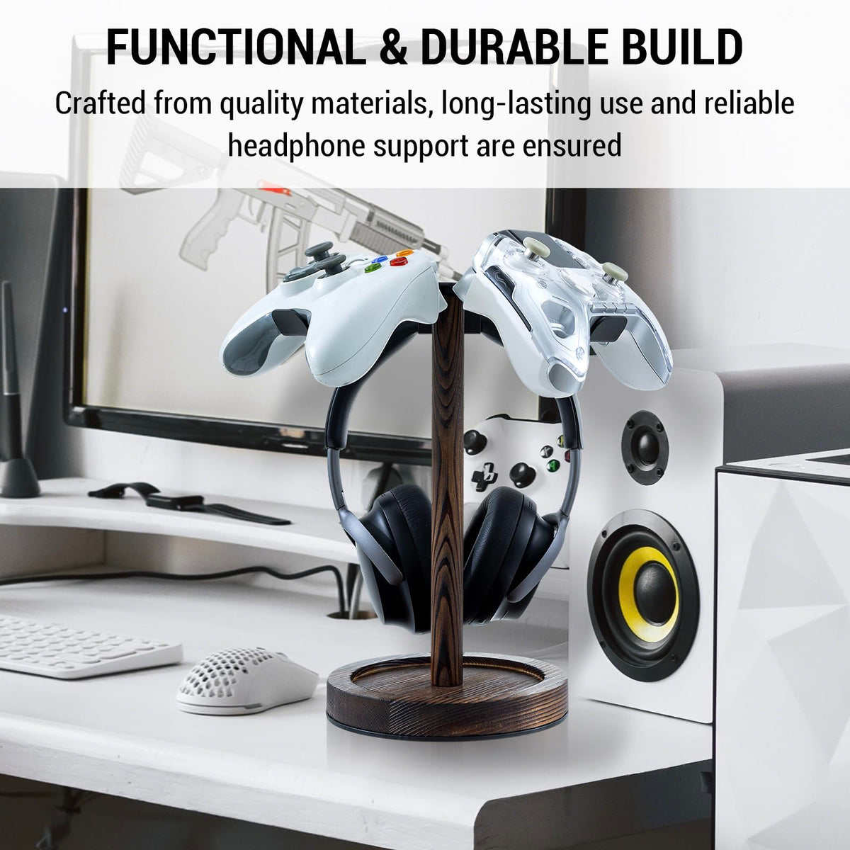 MyGift headphone stand burnt-wood close-up emphasizes stylish storage for small accessories
