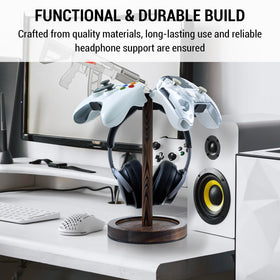 MyGift headphone stand burnt-wood close-up emphasizes stylish storage for small accessories