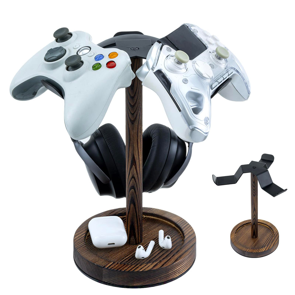 MyGift headphone stand front view with burnt-wood base keeps headphones neatly organized and within reach