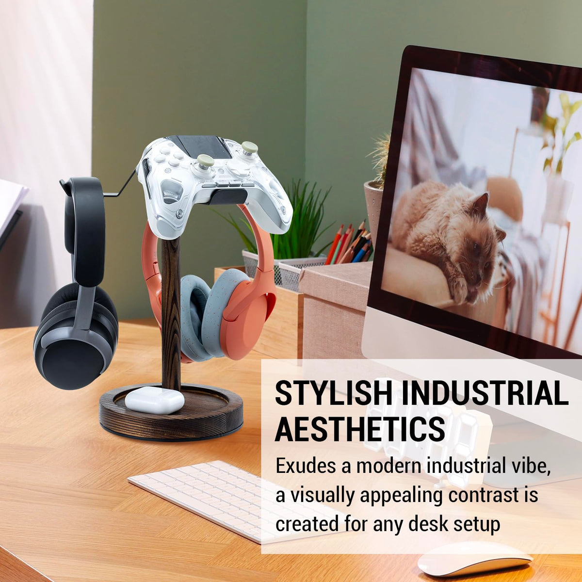 MyGift industrial headphone stand side view highlights durable matte black frame for everyday use