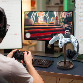 MyGift headphone stand in studio setup suggests versatile use near consoles