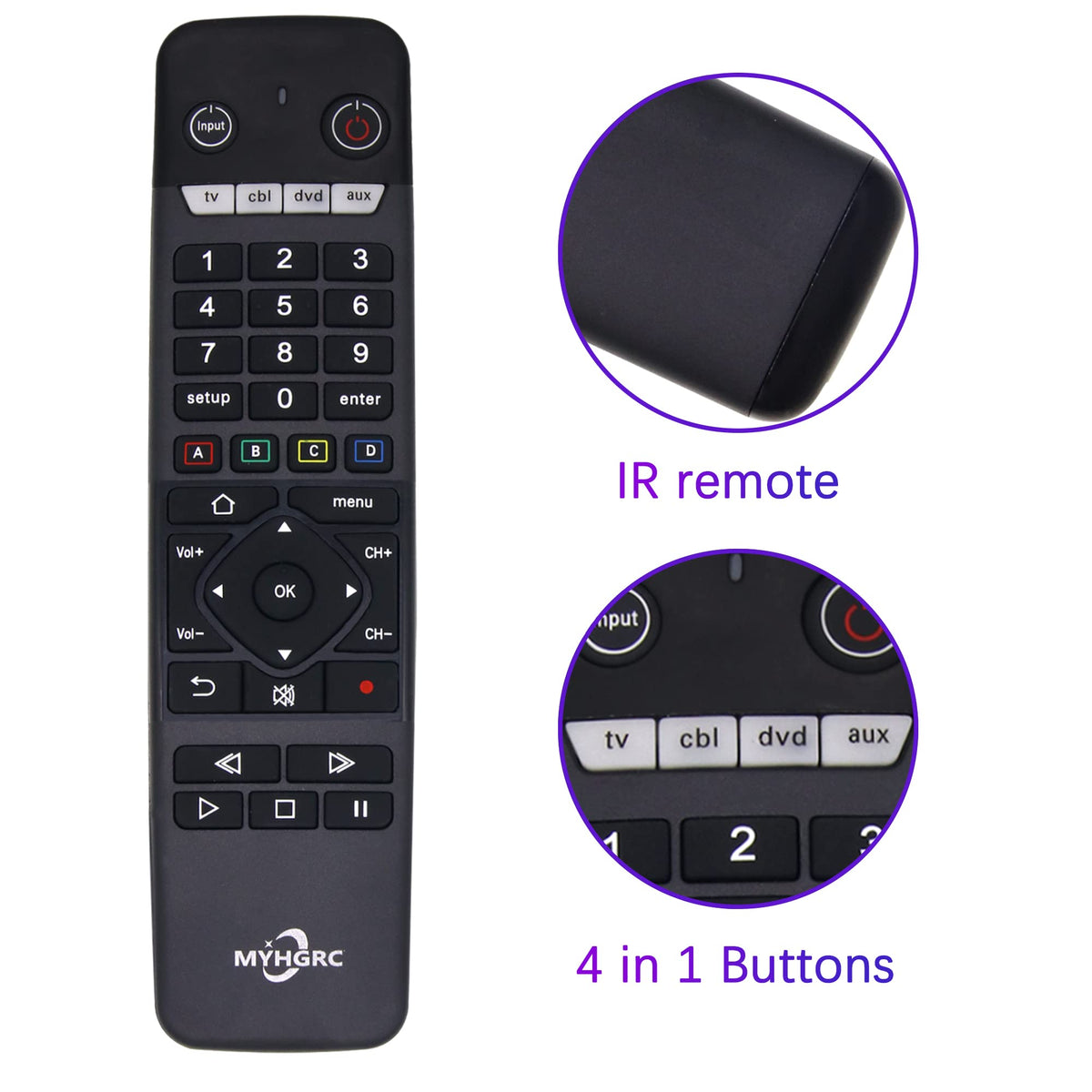 MYHGRC universal remote in hand demonstrates easy one-handed operation.