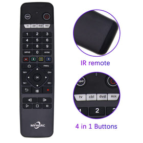 MYHGRC universal remote in hand demonstrates easy one-handed operation.