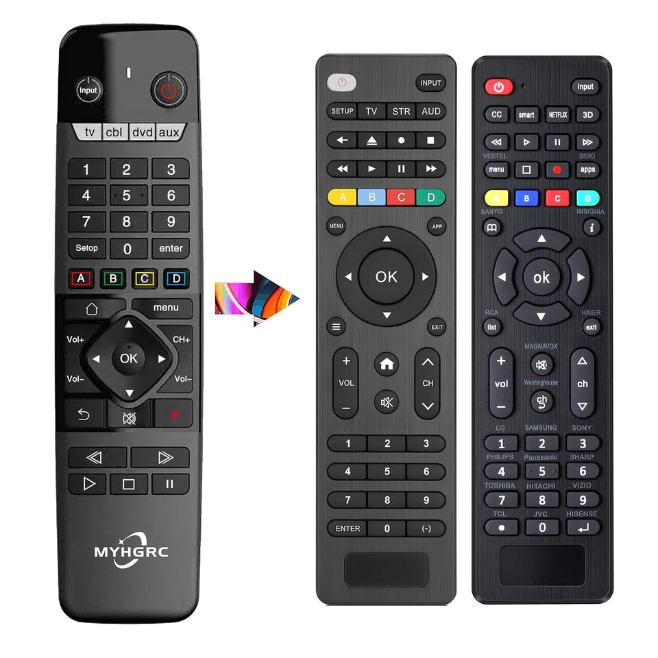 MYHGRC universal remote front view highlights ergonomic design for comfortable use.