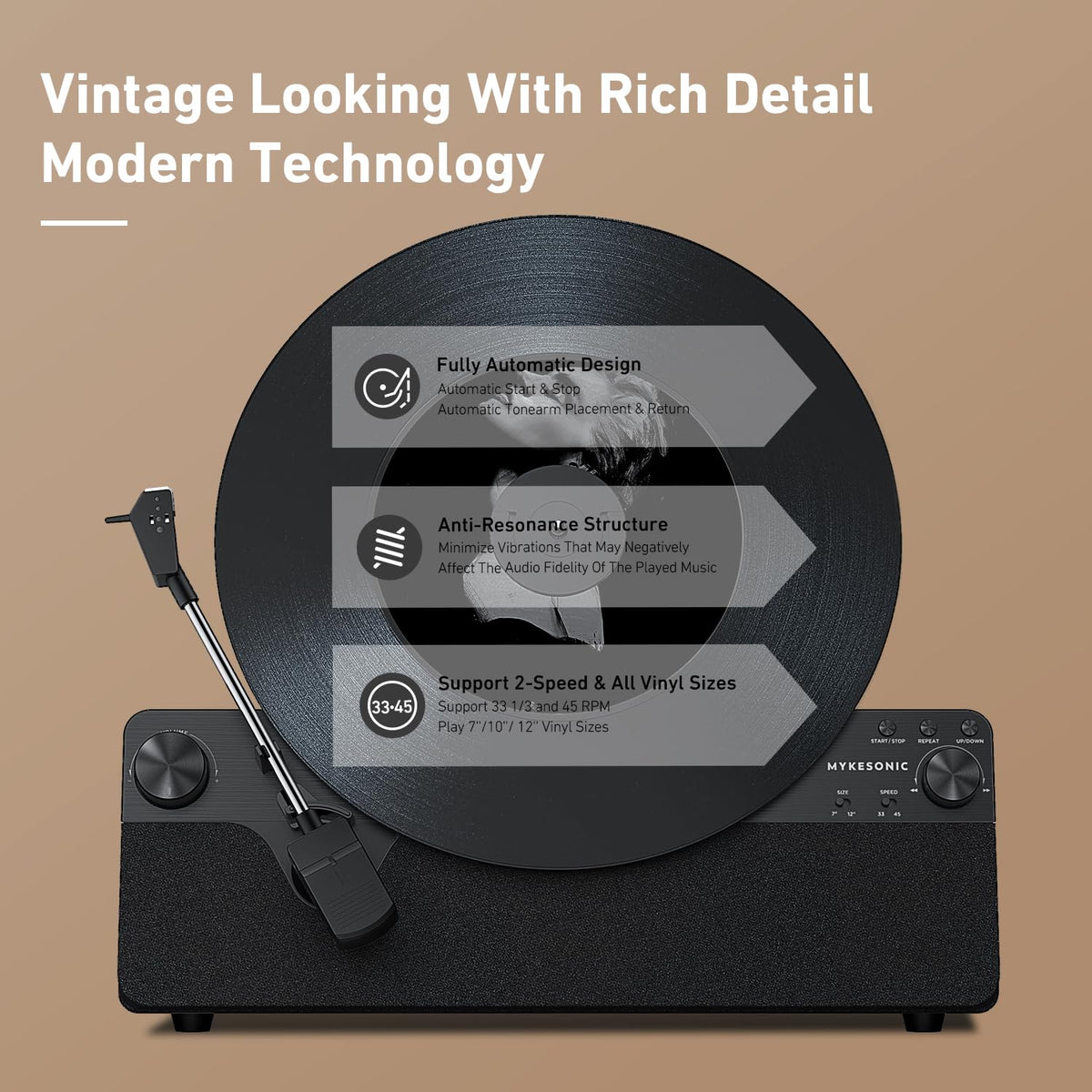 MYKESONIC AT-3600L cartridge provides precise groove tracking and longevity.