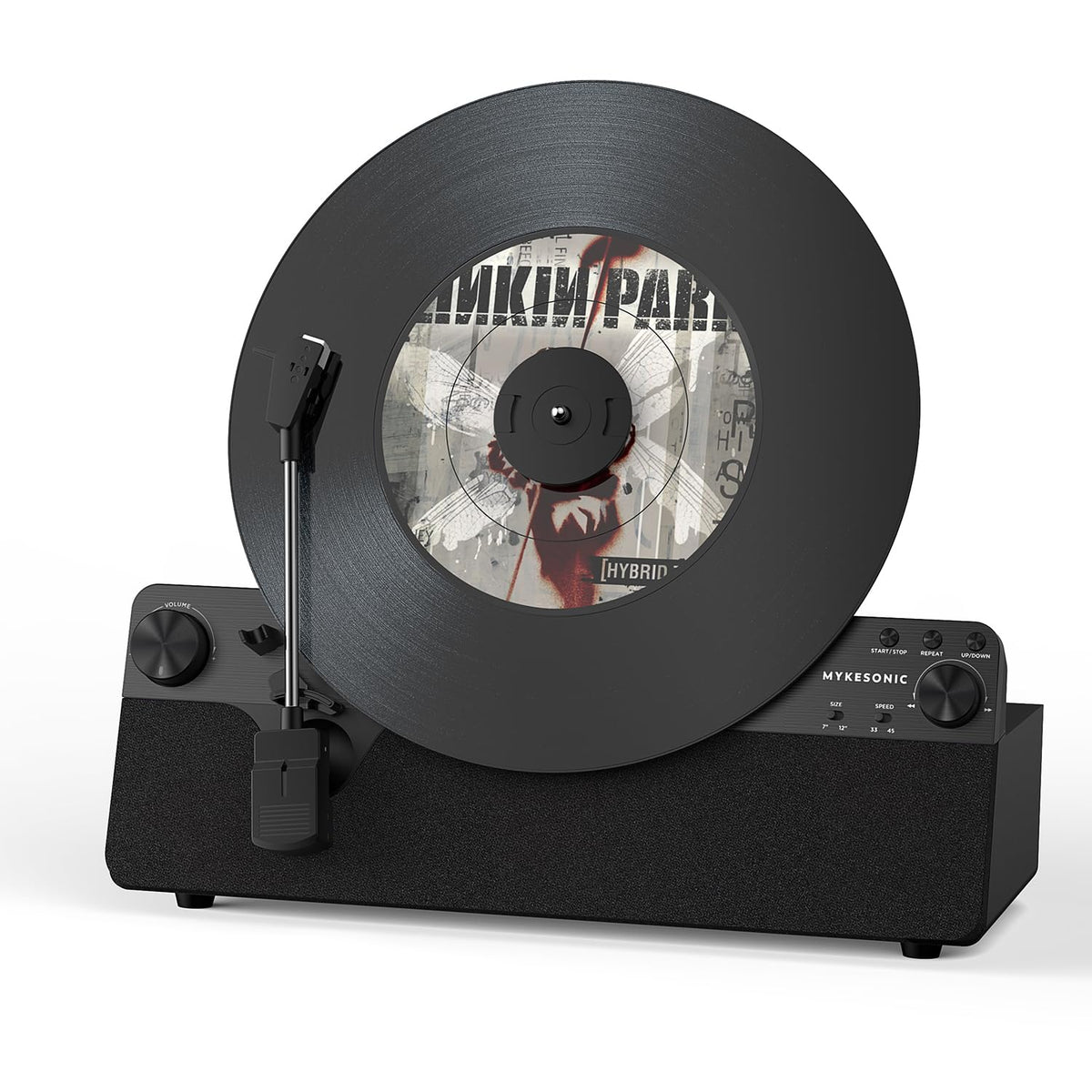 MYKESONIC vertical turntable design saves space with retro-modern style.