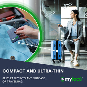 MYLOC8 compact tracker highlighting its lightweight travel design