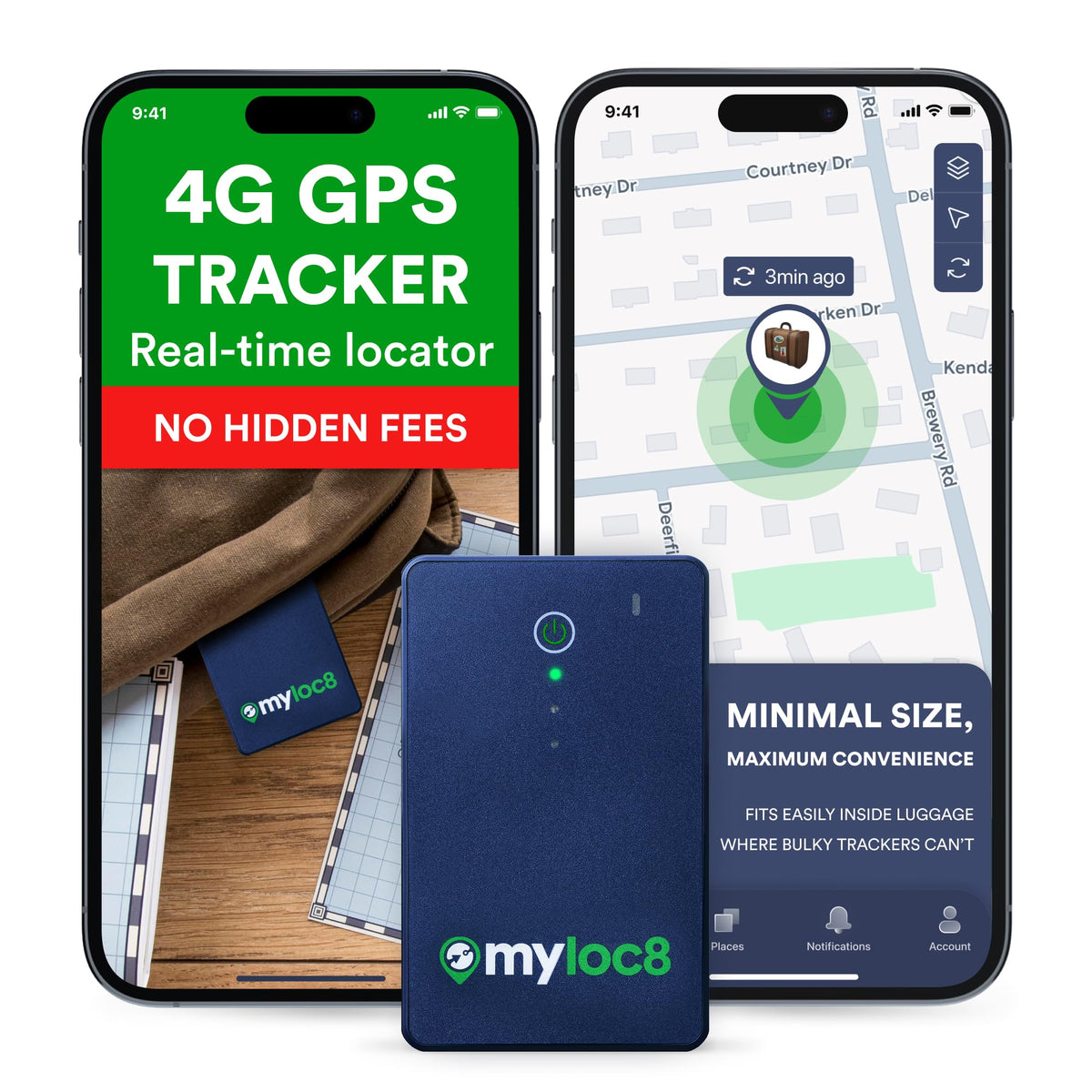 MYLOC8 GPS luggage tracker attached to a bag showing real-time location