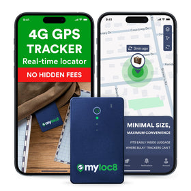 MYLOC8 GPS luggage tracker attached to a bag showing real-time location
