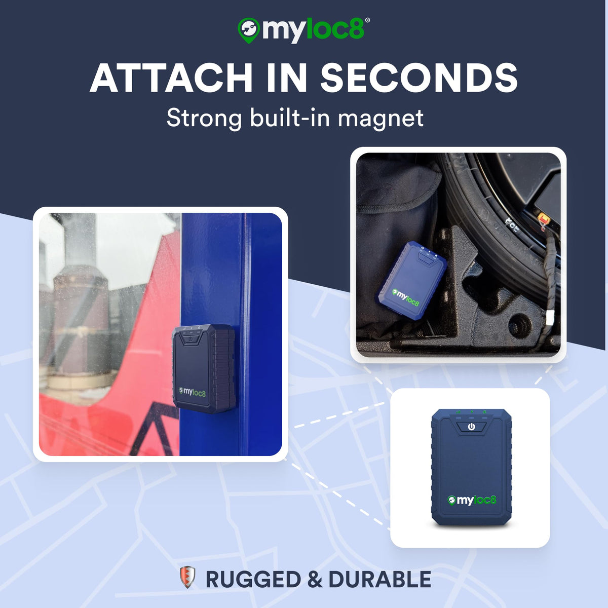 MYLOC8 Ultra GPS Tracker demonstrates multi-vehicle use across cars, trucks, and boats.