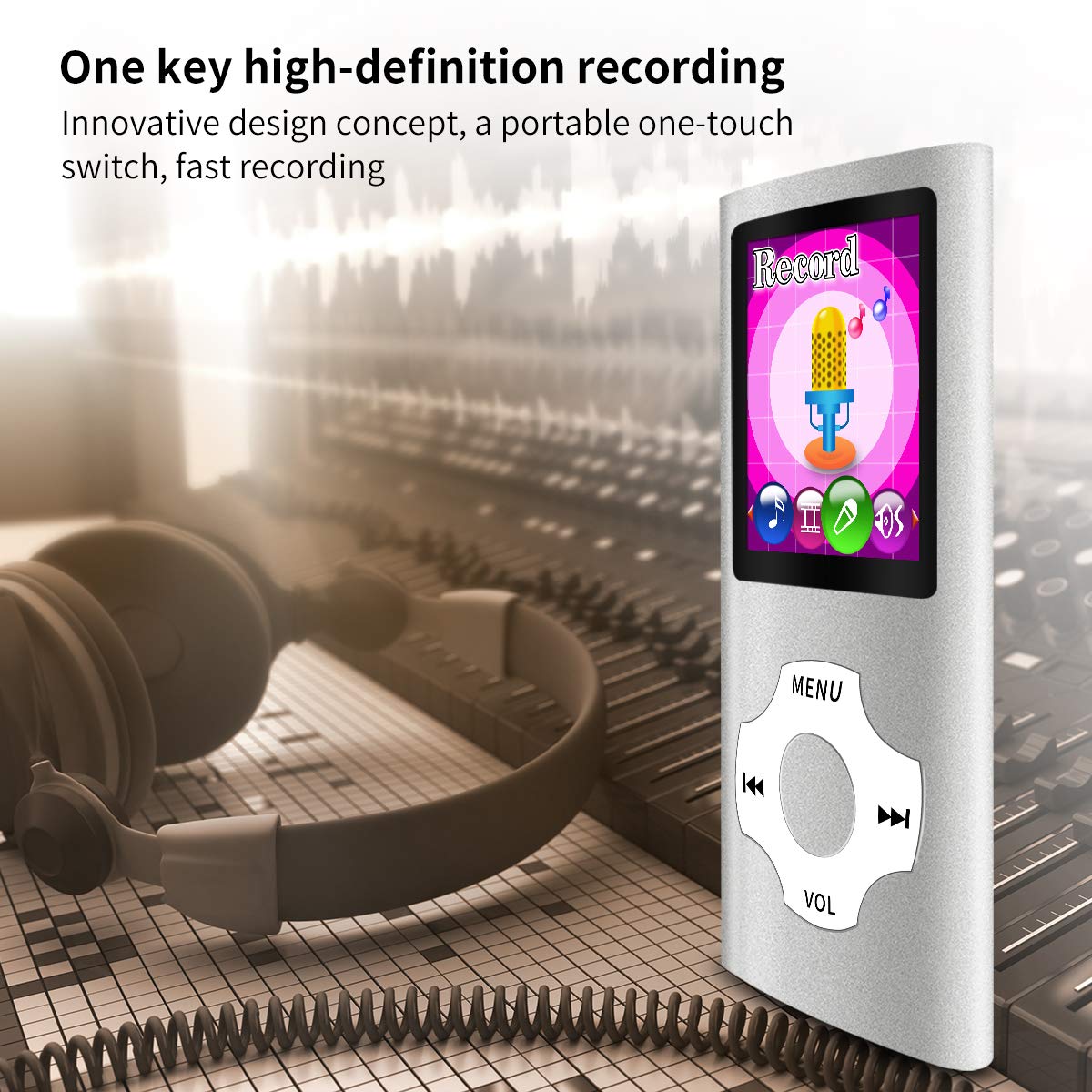 MYMAHDI MP3MP4 portable player 1-8-inch screen demonstrates quick media access.