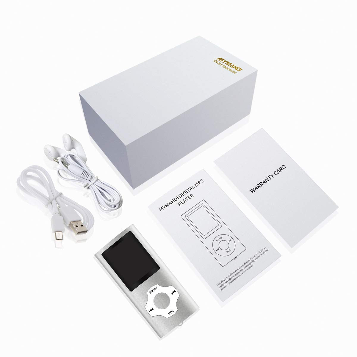 MYMAHDI MP3MP4 portable player package includes USB cable and earphones.