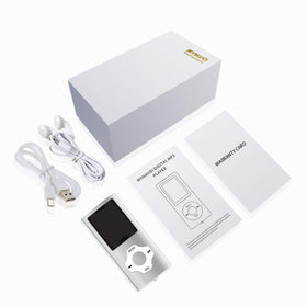 MYMAHDI MP3MP4 portable player package includes USB cable and earphones.