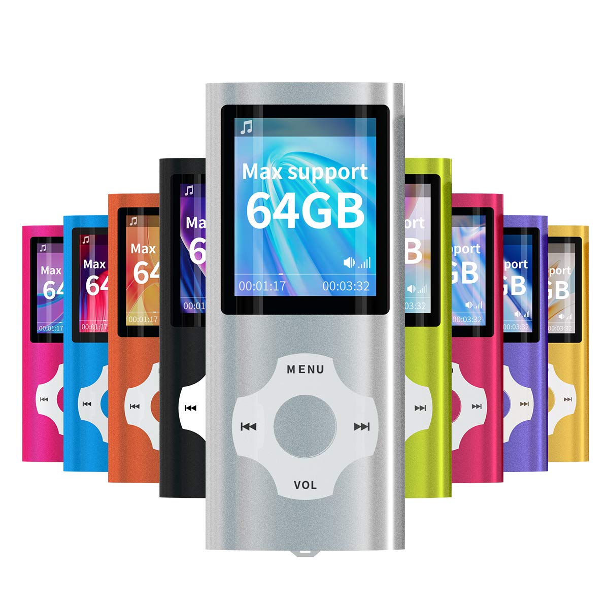 MYMAHDI MP3MP4 portable player front view in silver, ideal for travel and daily listening.