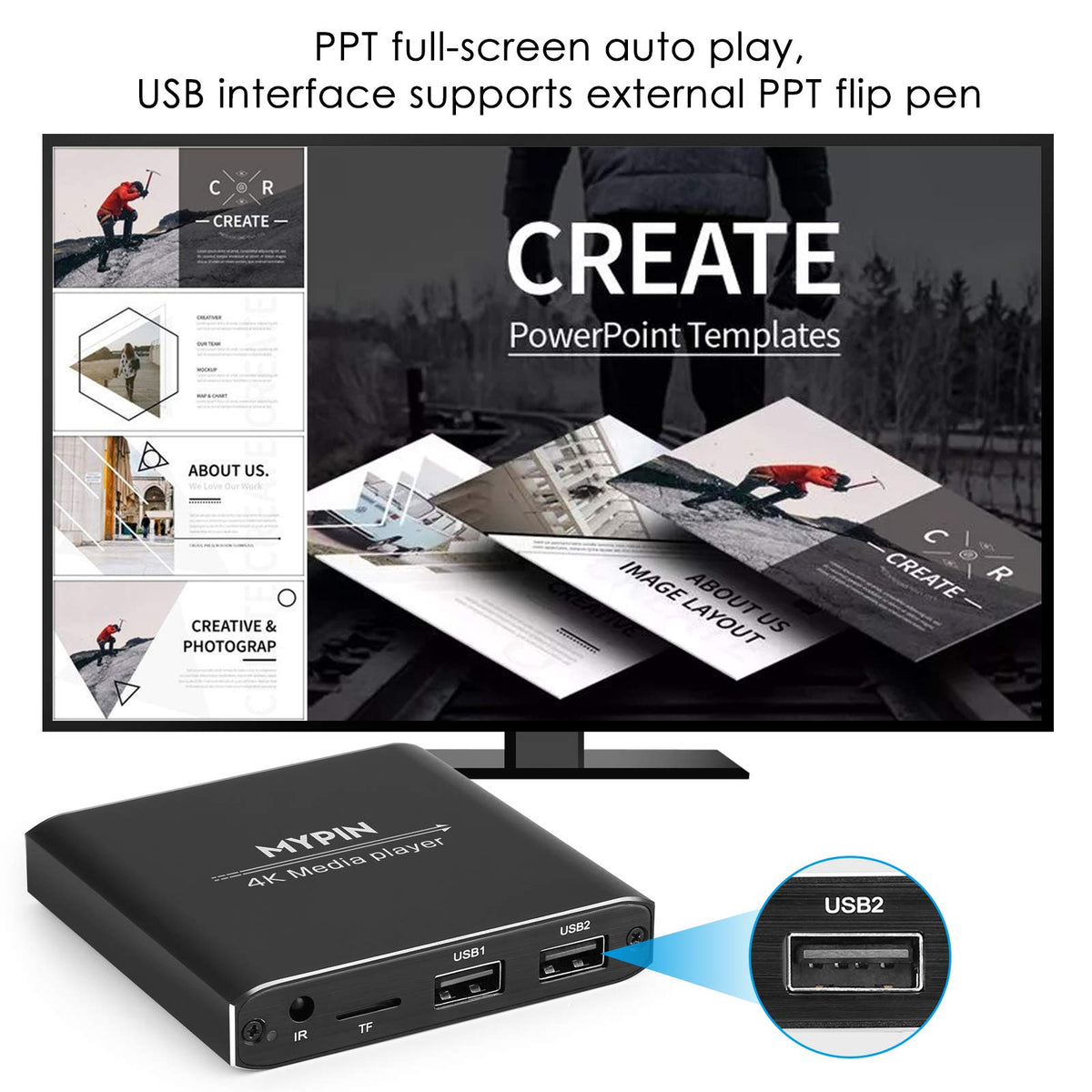 MYPIN 4K media player dual USB ports for easy drive connections
