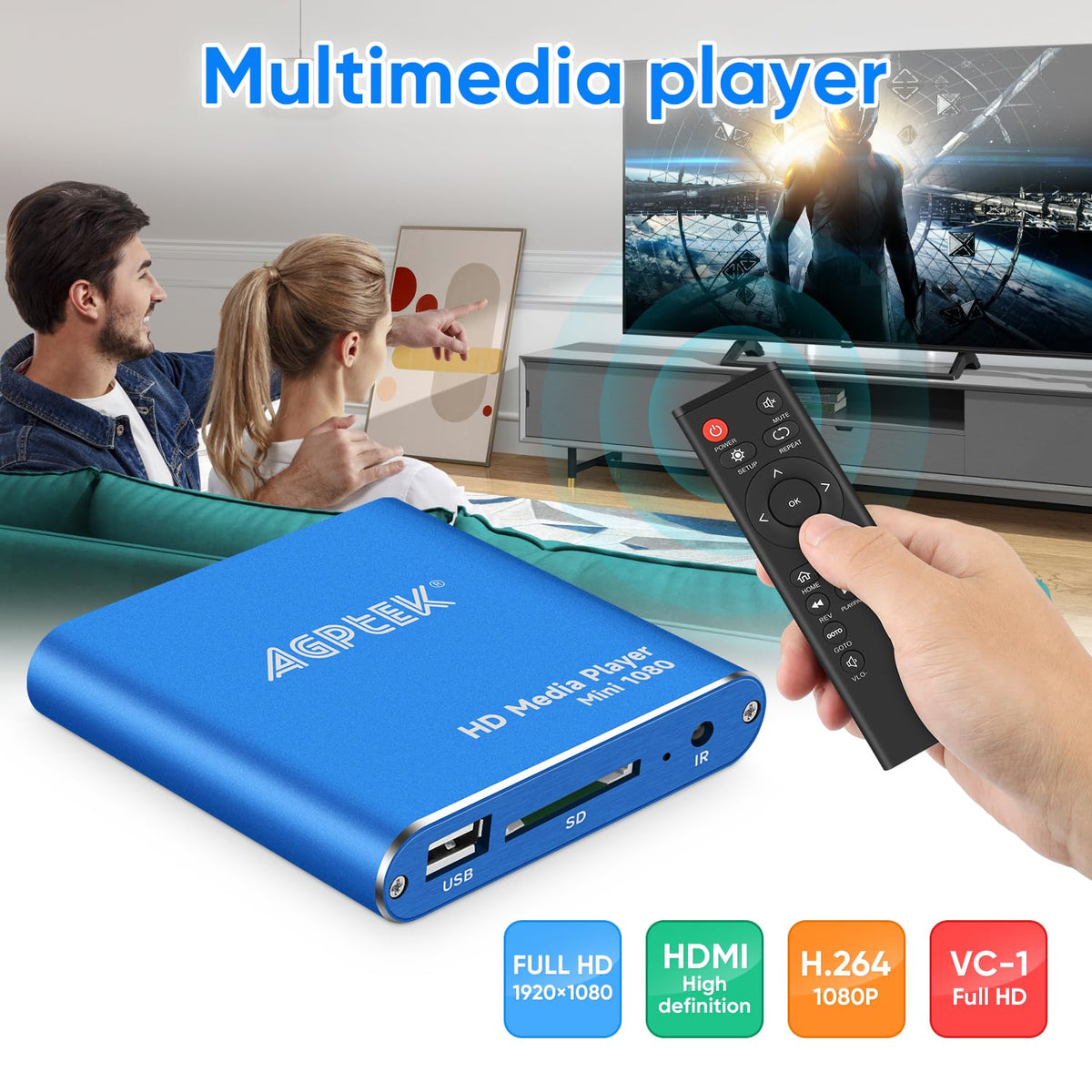MYPIN Blue Mini rear ports with HDMI and AV connectors for compatibility