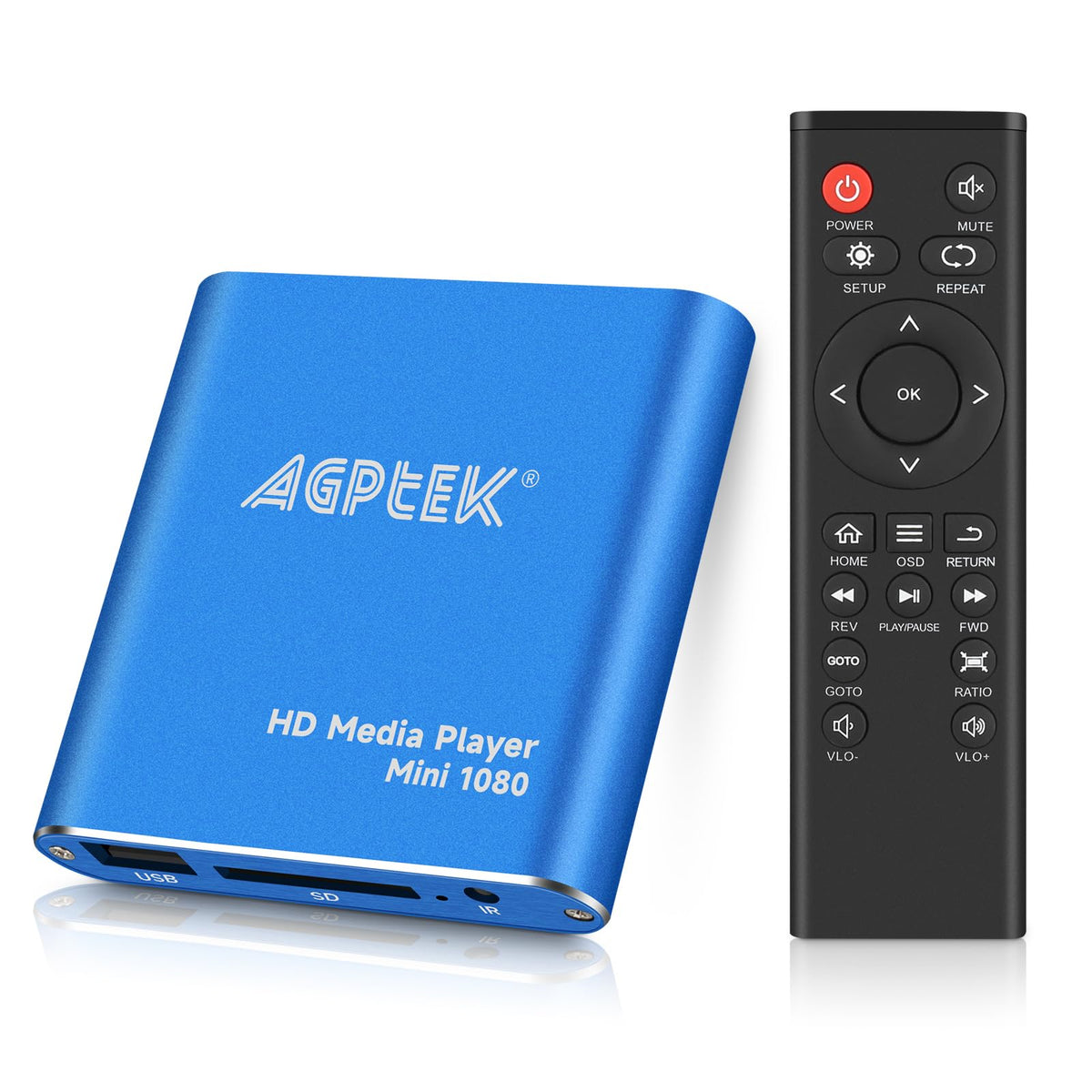MYPIN Blue Mini front panel showing power and ports for easy setup