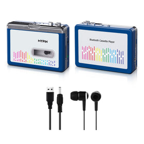 MYPIN Bluetooth cassette player front view, showcasing compact design and easy access