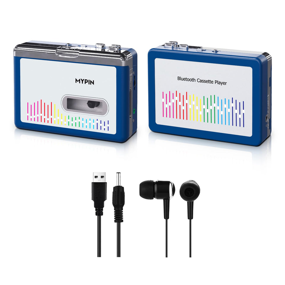 MYPIN Bluetooth cassette player front view, showcasing compact design and easy access