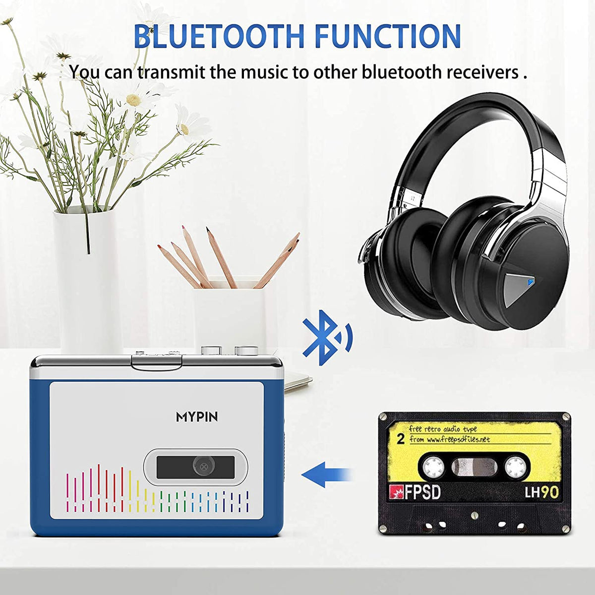 MYPIN Bluetooth cassette-player side view highlighting slim profile for travel